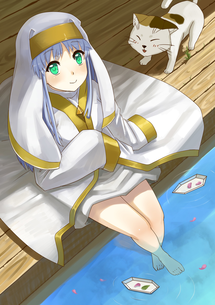 absurdres bad_id bad_pixiv_id barefoot blue_hair cat from_above green_eyes habit hat highres index legs looking_up nun origami robe shuizhanglang sitting smile soaking_feet solo sphinx_(index) to_aru_majutsu_no_index water