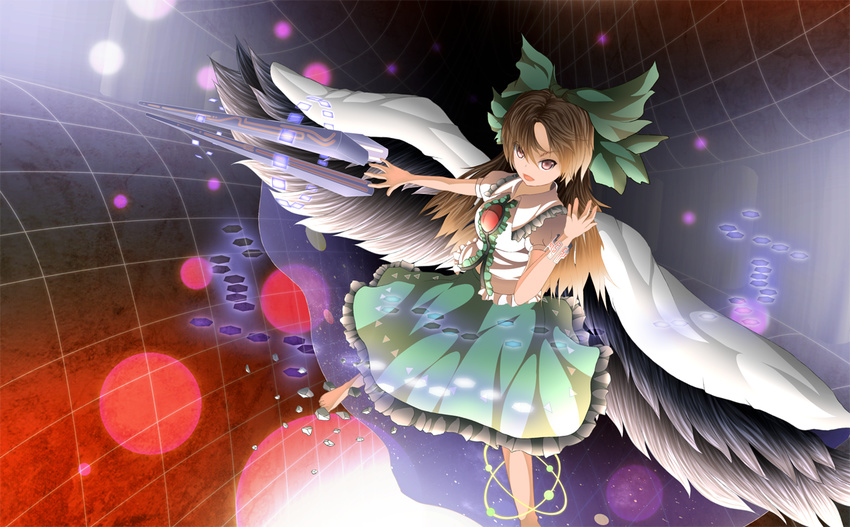 alternate_weapon arm_cannon bow breasts brown_hair cape green_bow hair_bow long_hair masatome medium_breasts red_eyes reiuji_utsuho solo touhou weapon wings