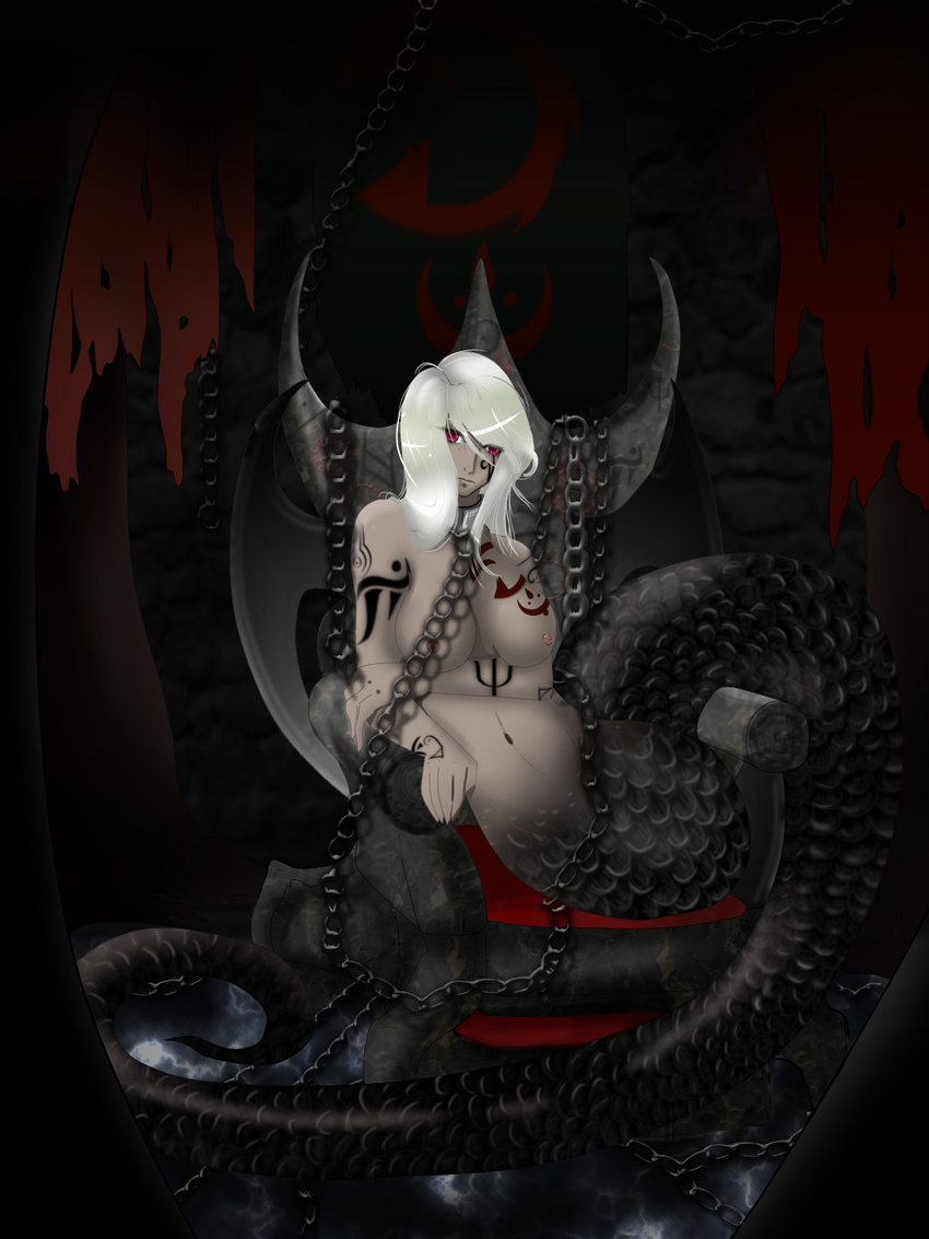 breasts chain chair highres lamia large_breasts monster_girl navel nipples nude original red_eyes sitting solo tattoo white_hair