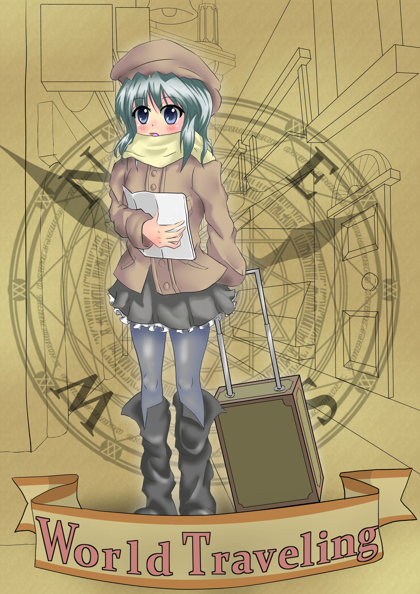 absurdres blue_eyes boots coat grey_legwear hat highres komeiji_koishi open_mouth pantyhose scarf short_hair silver_hair skirt solo sylphidehachioji touhou