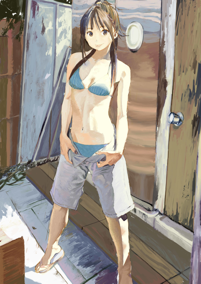:p absurdres bad_id bad_pixiv_id bikini bikini_under_clothes brown_eyes brown_hair copyright_request highres long_hair navel open_fly ponytail sandals shorts shuku solo swimsuit swimsuit_under_clothes tongue tongue_out traditional_media unzipped