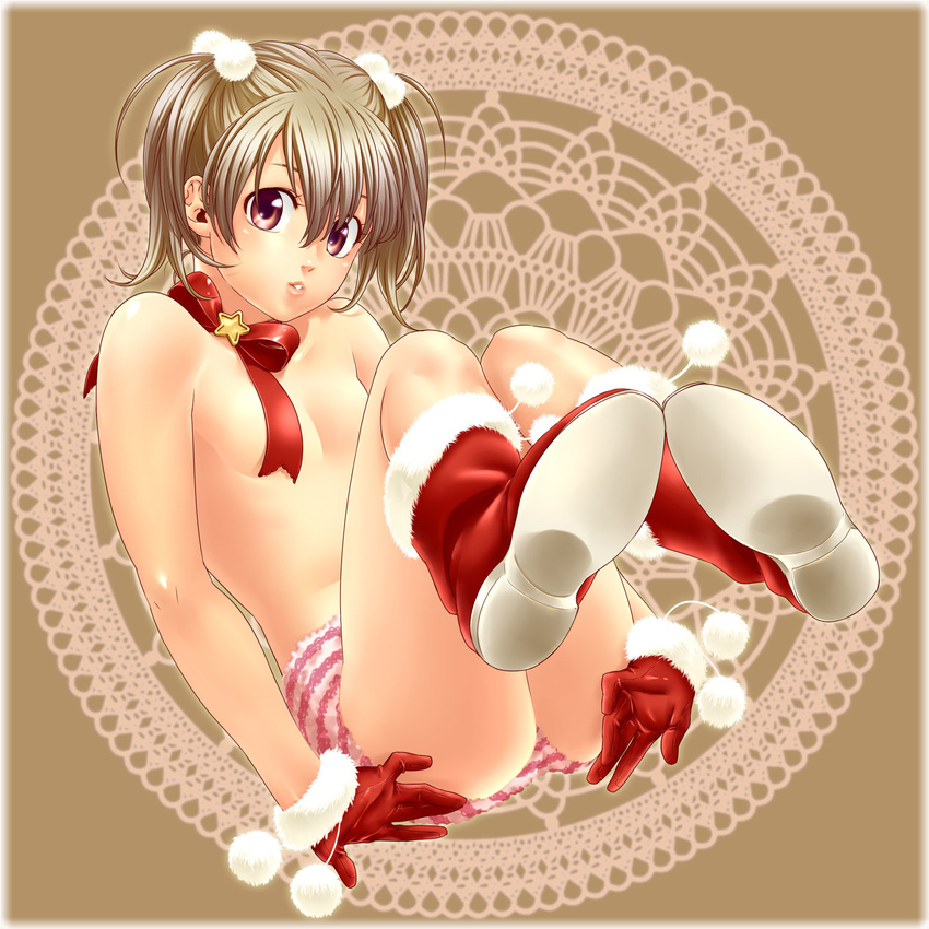 boots brown_eyes brown_hair censored christmas convenient_censoring flat_chest gloves hair_bobbles hair_ornament highres morisato_yuuji original panties red_gloves ribbon short_twintails solo striped striped_panties topless twintails underwear