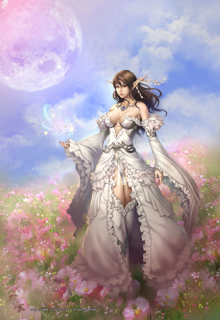 absurdres bad_id bad_pixiv_id bare_shoulders blue_eyes boots breasts brown_hair cleavage detached_sleeves dress field flower flower_field frills hair_ornament highres jewelry large_breasts lineage moon necklace pointy_ears signature solo thighhighs wanhsienwei watermark web_address white_dress wide_sleeves