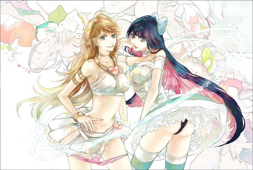 bad_id bad_pixiv_id bare_shoulders black_panties blonde_hair blue_eyes bracelet choker hana0801 highres jewelry midriff multicolored_hair multiple_girls navel panties panty_&amp;_stocking_with_garterbelt panty_(psg) pink_panties skirt skirt_lift stocking_(psg) striped striped_legwear thighhighs two-tone_hair underwear