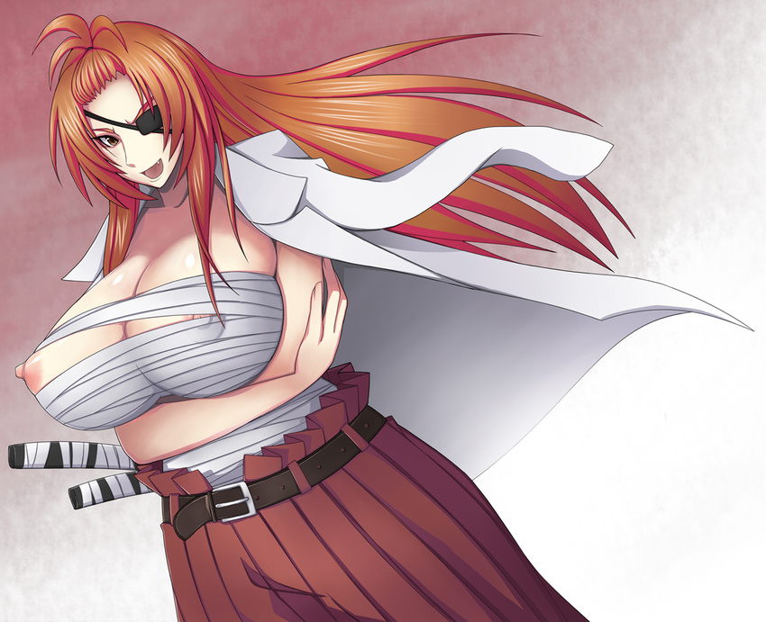 arms_crossed belt breasts character_request cleavage crossed_arms erect_nipples eyepatch fang female gradient gradient_background huge_breasts long_hair nipples onidere open_mouth orange_hair otogi_tetsurou solo suzune_yuna sword tape weapon