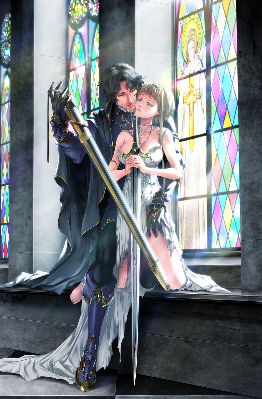 1girl absurdres armor barefoot black_eyes black_hair blonde_hair blood blue_eyes boots breasts cape church collar cross dress fleur_de_lis france frills gilles_de_rais gloves groping highres itto_maru jeanne_d'arc jewelry kneeling large_breasts latin legs lens_flare lips real_life real_life_insert sexually_suggestive sheath short_hair stained_glass strap_slip sword torn_clothes torn_dress wavy_hair weapon white_dress window