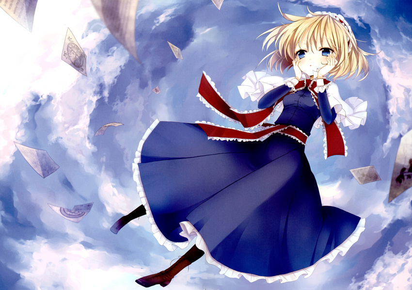 alice_margatroid blonde_hair blue_eyes boots clouds dress short_hair sky touhou