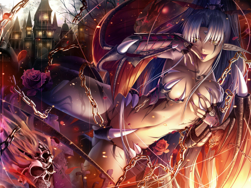 armor bat_wings breast_hold breasts castle chain cross demon_girl facial_mark flower highres large_breasts long_hair meganeking original pointy_ears ponytail rose silver_hair skull solo tattoo tongue wings yellow_eyes