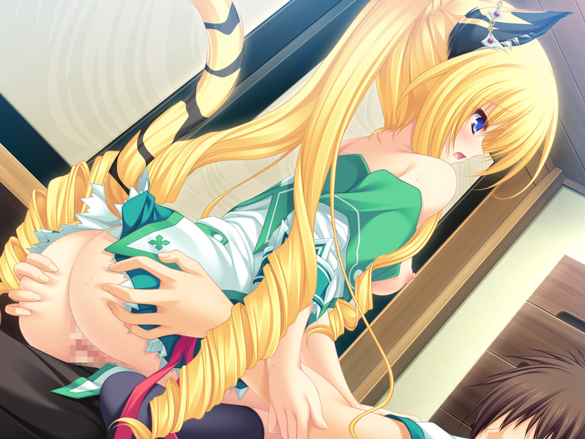 animal_ears blonde_hair blue_eyes blush catgirl censored game_cg koshimizu_rei mikagami_mamizu neko_koi nipples sex tail whirlpool