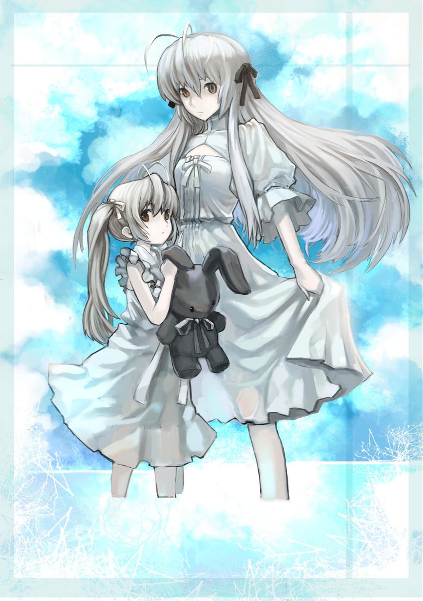 bad_id bad_pixiv_id bunny child dress hair_ribbon highres kasugano_sora long_hair multiple_girls ribbon silver_hair stuffed_animal stuffed_bunny stuffed_toy time_paradox twintails yosuga_no_sora zm