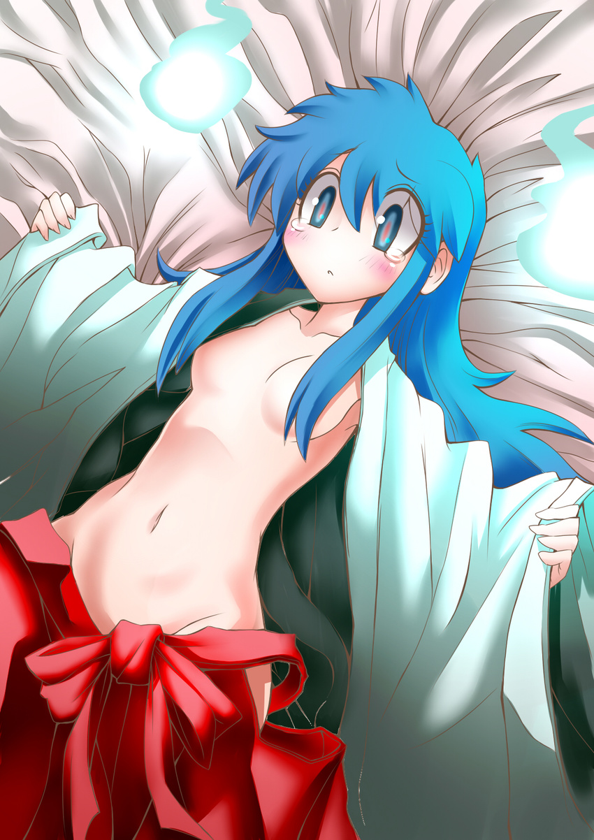 blue_hair breasts ghost ghost_sweeper_mikami highres himuro_kinu japanese_clothes lying miko mound_of_venus navel no_nipples on_back undressing