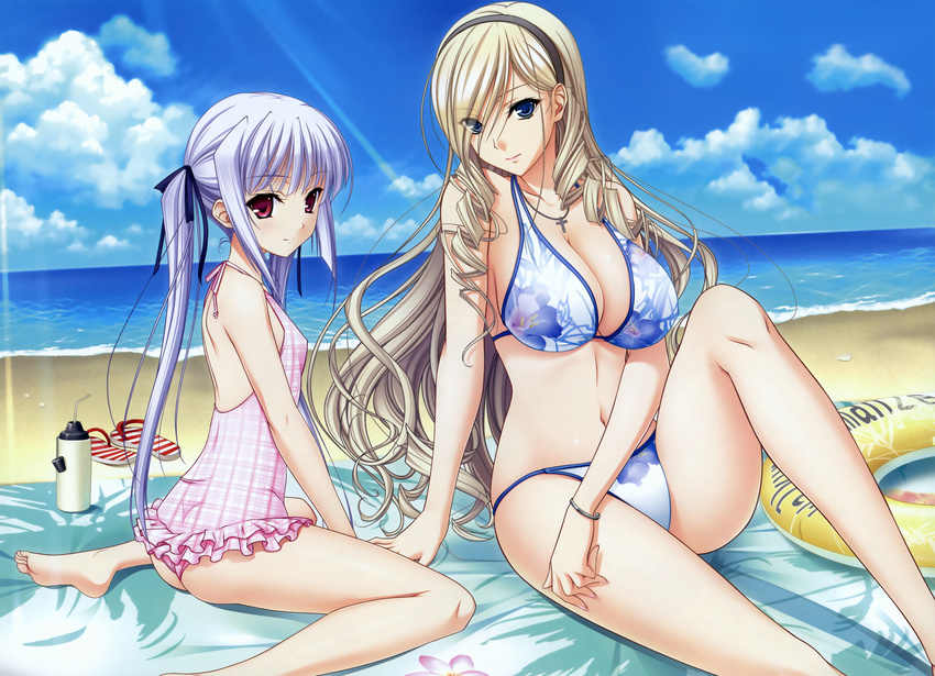 barefoot beach bikini blonde_hair blue_eyes celia_kumani_entory cleavage clouds drink komori_kei long_hair purple_eyes ribbons risa_eostole swimsuit walkure_romanze water