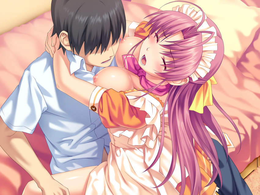 1boy 1girl aoi_matsuri bed blush breasts clothed_sex eyes_closed game_cg highres hug koutaro long_hair maid nipples open_mouth pink_hair sex tropical_kiss upright_straddle waitress