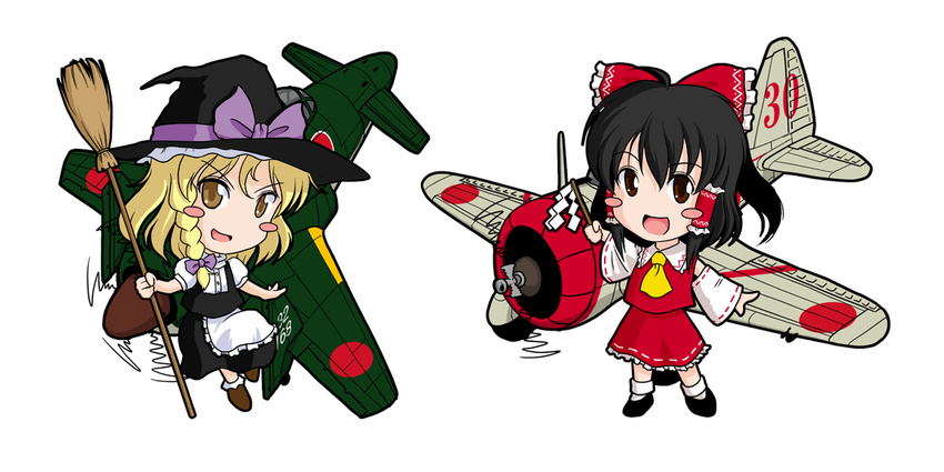 aircraft airplane black_hair blonde_hair blush_stickers braid broom chibi detached_sleeves gohei hakurei_reimu hat j7w_shinden ki-27 kirisame_marisa long_hair military multiple_girls open_mouth sakurato_tsuguhi simple_background touhou witch_hat world_war_ii yellow_eyes