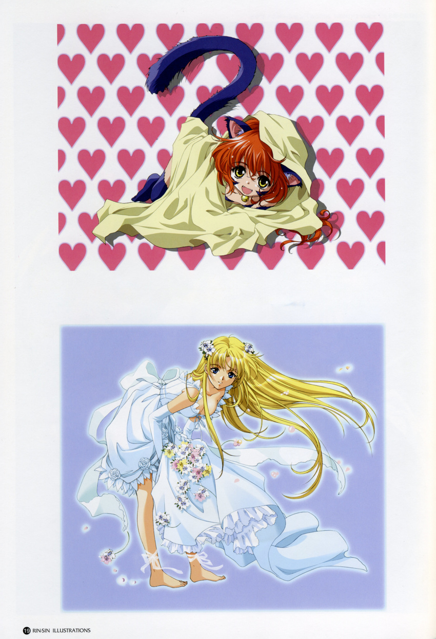 absurdres animal_ears artbook barefoot bell blanket blonde_hair blue_eyes cat_ears dress elbow_gloves flower fur gloves hair_flower hair_ornament heart highres long_hair multiple_girls nina_(words_worth) red_hair rin-sin scan sharon_(words_worth) tail very_long_hair words_worth yellow_eyes