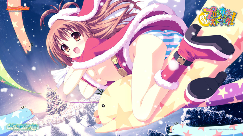 ass boots breasts brown_eyes brown_hair bunny cameltoe cape character_request christmas christmas_tree flying hat heart highres impossible_clothes impossible_underwear long_hair looking_back medium_breasts night open_mouth panties princess_strike! sack santa_costume skirt smile solo star star_print striped striped_panties tsukishima_yuuko underboob underwear upskirt wallpaper