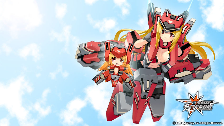 1920x1080 blonde_hair breasts chibi cleavage cloud clouds cosmic_break crimrose hair_ornament highres leaning_forward long_hair mecha_musume midriff navel sky smile wallpaper