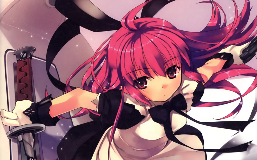 gloves gun hoihoi-san long_hair maid pink_eyes pink_hair ribbons sword weapon