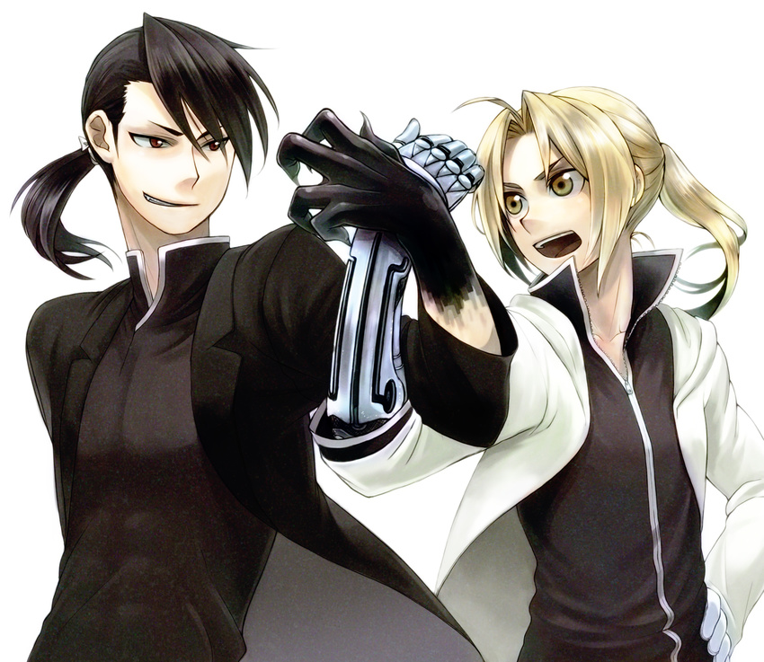anna_kotori black_hair blonde_hair braid claws cloak coat collarbone edward_elric fullmetal_alchemist gloves greed grin hair_over_one_eye highres ling_yao mechanical_arm multiple_boys open_mouth ponytail pose red_eyes smile teeth white_gloves yellow_eyes