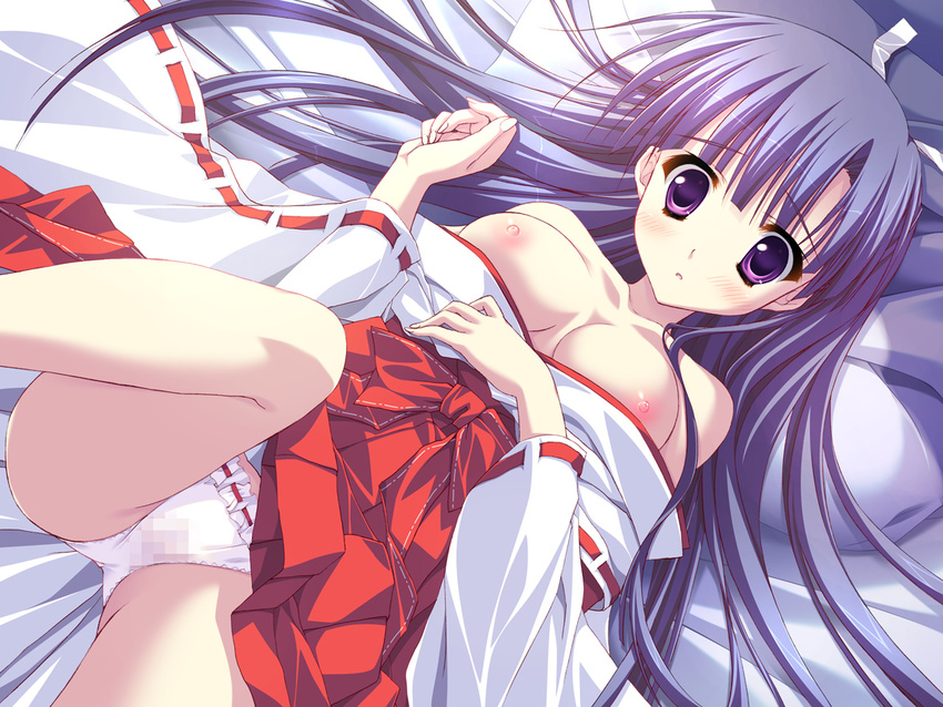 bed blush breasts censored game_cg hoshizora_e_kakaru_hashi koumoto_madoka nipples panties purple_eyes purple_hair ryohka underwear