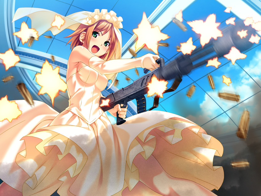 :d bangs bare_shoulders blush breasts bridal_veil casing_ejection day dress elbow_gloves eyebrows eyebrows_visible_through_hair firing from_below game_cg gatling_gun gloves gown green_eyes gun highres holding holding_gun holding_weapon indoors koutaro legs_apart looking_at_viewer medium_breasts minazuki_izumi motion_blur open_mouth orange_hair petticoat shell_casing short_hair sideboob sky skylight smile solo strapless strapless_dress tropical_kiss two-handed v-shaped_eyebrows veil weapon wedding_dress white_gloves yellow_dress yellow_wedding_dress