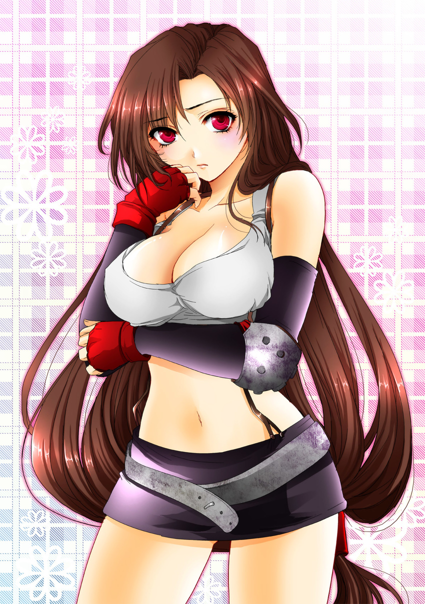breasts brown_hair cleavage final_fantasy final_fantasy_vii fragran0live gloves highres large_breasts legs long_hair low-tied_long_hair navel ponytail red_eyes solo thighs tifa_lockhart