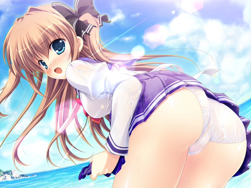 asuka_mirai blush brown_hair clouds game_cg mikeou nanairo_kouro panties see_through sky underwear water wet