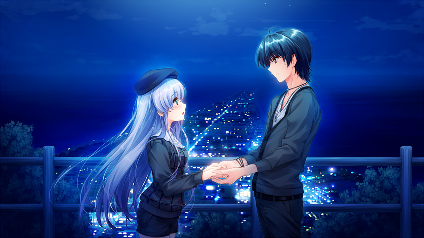 1girl akiyama_sou black_hair blue_eyes eye_contact furukawa_yui game_cg hat hetero holding_hands kuroya_shinobu long_hair looking_at_another misaki_kurehito night shorts silver_hair ushinawareta_mirai_wo_motomete