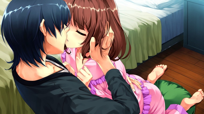 1girl akiyama_sou bed black_hair brown_hair closed_eyes game_cg hetero holding_head imminent_kiss indoors misaki_kurehito pajamas sasaki_kaori ushinawareta_mirai_wo_motomete