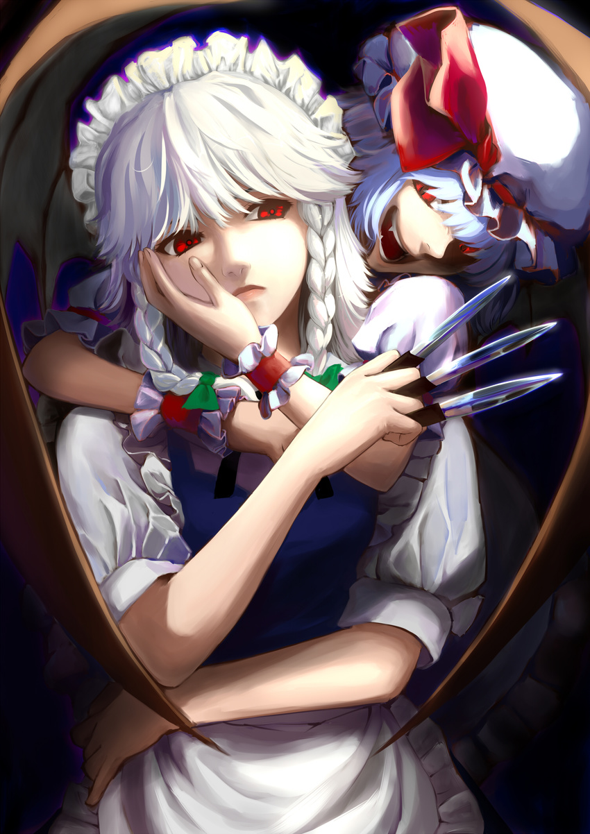 bad_id bad_pixiv_id bat_wings between_fingers blue_hair chagen_kokimu fangs hand_on_another's_cheek hand_on_another's_face hat highres izayoi_sakuya knife maid maid_headdress multiple_girls red_eyes remilia_scarlet short_hair silver_hair touhou wings