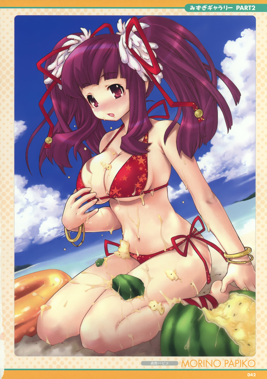 1girl absurdres bikini breasts cleavage cloud copyright_request dutch_angle food fruit highres innertube long_hair morino_papiko papimo purple_hair red_eyes solo swimsuit twintails watermelon wet