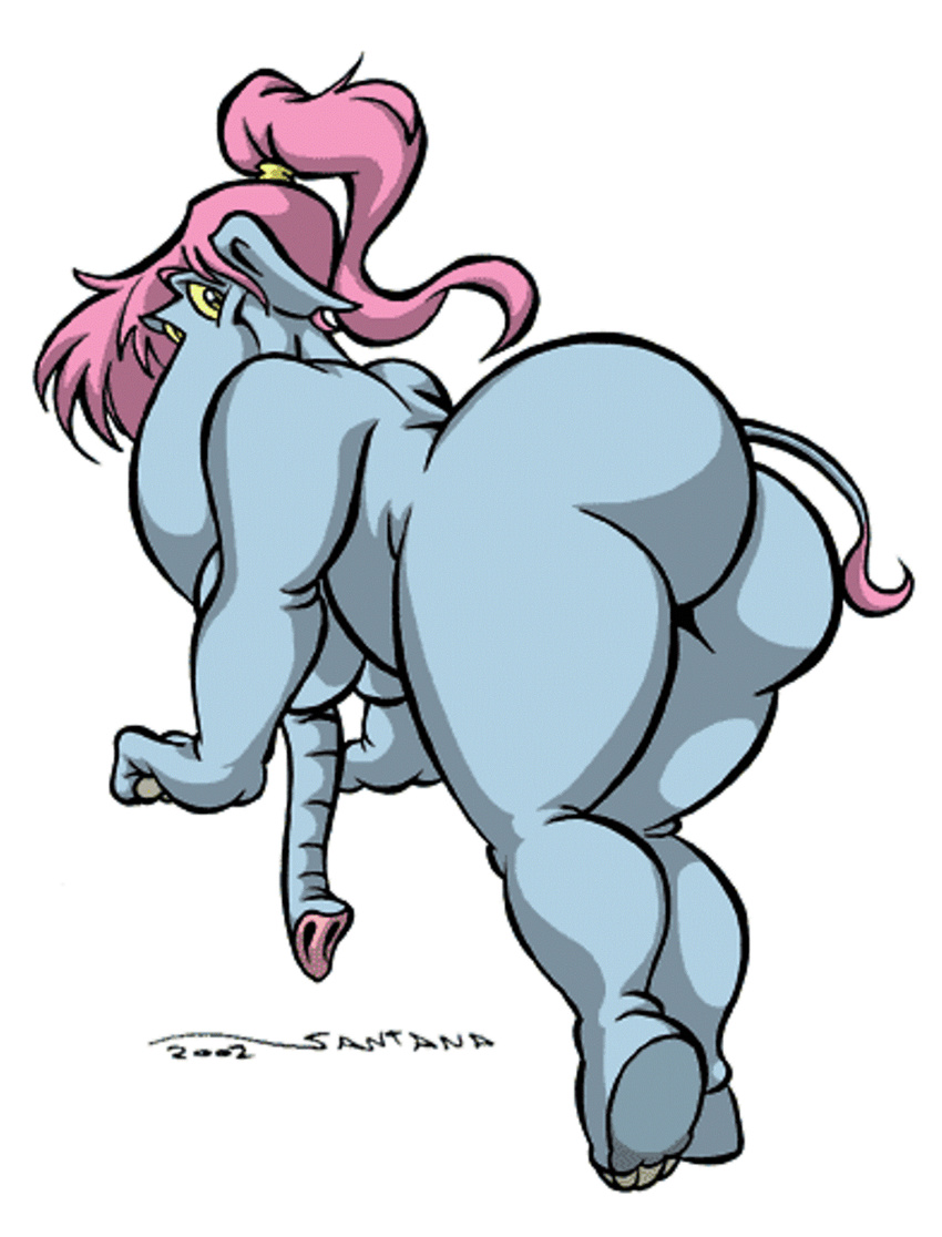 2002 bent_over big_butt butt elephant fat female hair hindpaw jilo nude pink_hair ponytail solo tail_tuft thunder_thighs trunk wide_hips yellow_eyes