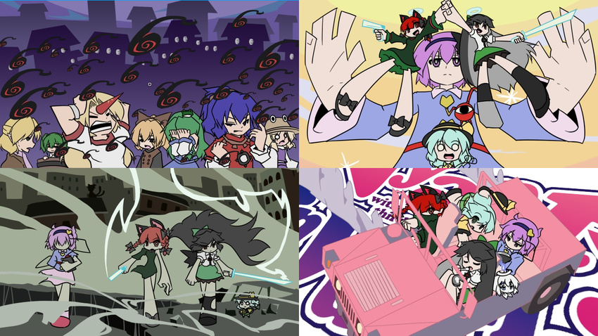 car chen ghost_(psg) ground_vehicle horn hoshiguma_yuugi hummer kaenbyou_rin kisume kochiya_sanae komeiji_koishi komeiji_satori kurodani_yamame mizuhashi_parsee moriya_suwako motor_vehicle multiple_girls multiple_tails panty_&amp;_stocking_with_garterbelt parody reiuji_utsuho see-through_(psg) style_parody tail touhou urushi yasaka_kanako zombie_fairy