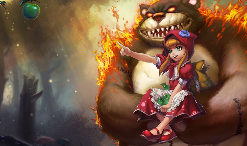 :d alternate_costume annie_hastur apple apron backpack bag bag_charm bangs blunt_bangs buttons carrying charm_(object) child crossed_legs crossover dress fire flat_chest food forest from_side fruit glowing glowing_eyes green_apple green_hair holding hood lace large_buttons league_of_legends light_rays little_red_riding_hood long_hair looking_to_the_side mary_janes nature no_socks official_art open_mouth orange_hair outdoors outstretched_arm parody pointing polka_dot puffy_short_sleeves puffy_sleeves red_riding_annie sharp_teeth shoes short_sleeves sitting size_difference smile stitches stuffed_animal stuffed_toy sunbeam sunlight teddy_bear teeth tibbers tree v-shaped_eyebrows waist_apron zipper