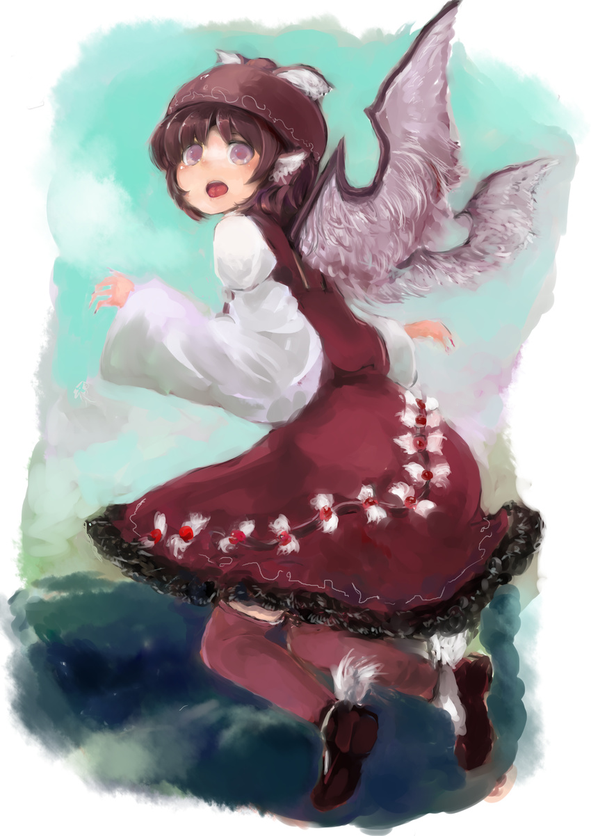 animal_ears bad_id bad_pixiv_id brown_hair dress hat highres looking_back maccha_cocoa_(mococo) mystia_lorelei purple_eyes shoes solo thighhighs touhou winged_shoes wings