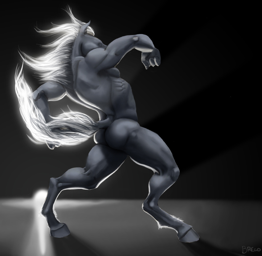 brelo_(artist) butt equine eyes_closed greyscale hooves horse lighting male mammal mane monochrome muscles nude pose solo tail