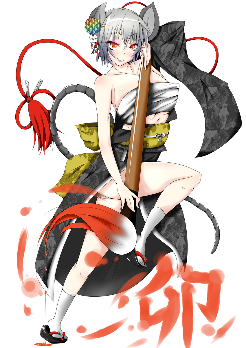 absurdres alternate_costume animal_ears breasts calligraphy_brush clog_sandals full_body grey_hair hadanugi_dousa hair_ornament highres himenomikan japanese_clothes kanzashi kimono large_breasts mouse_ears mouse_tail nazrin paintbrush panties red_eyes sarashi short_hair smile solo tabi tail touhou transparent_background underwear