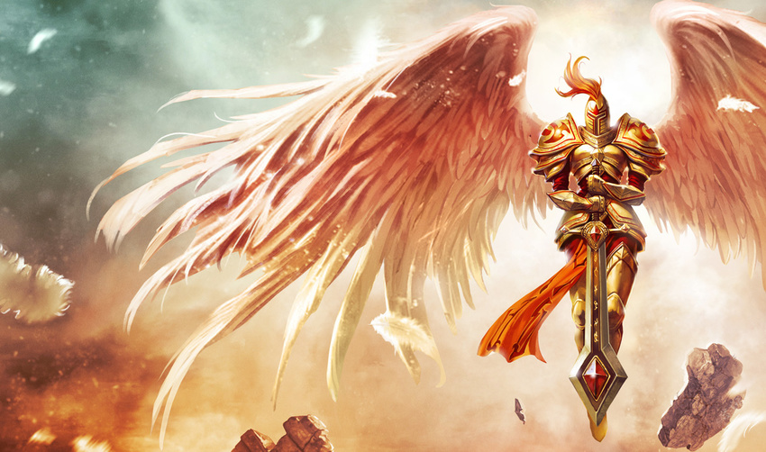 angel armor artist_request kayle league_of_legends official_art solo sword weapon
