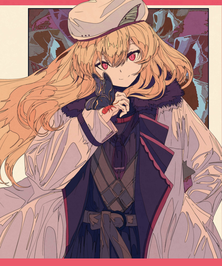 bangs belt blonde_hair bug butterfly coat copyright_request fur_trim hair_between_eyes hand_in_pocket hat highres insect kogecha_(coge_ch) long_hair looking_at_viewer red_eyes smile solo upper_body white_coat white_hat