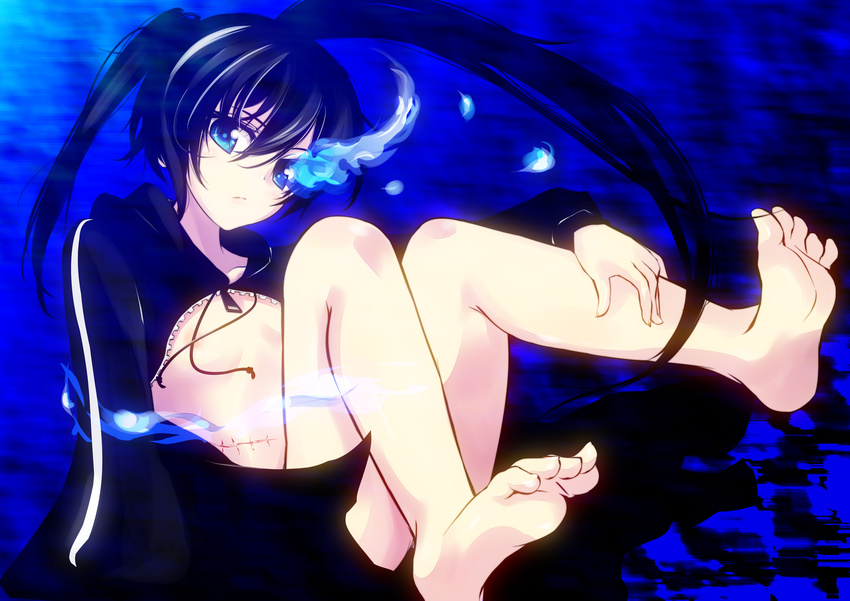 absurdres barefoot black_hair black_rock_shooter black_rock_shooter_(character) blue_eyes feet flat_chest g-ist highres legs long_hair scar solo twintails