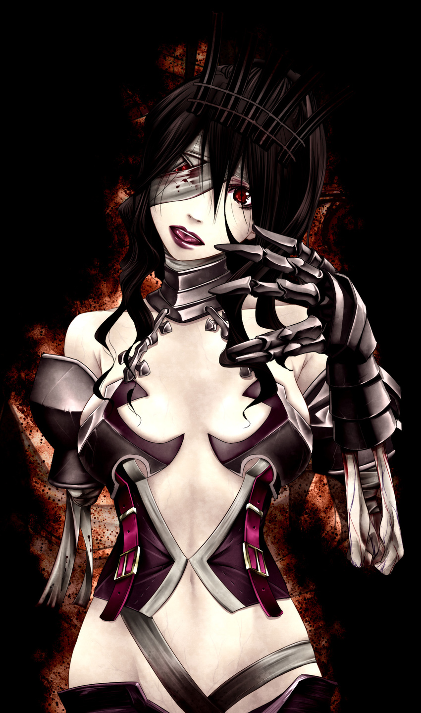 amputee armor bandages black_hair blood brown_hair character_request fantasy_earth fantasy_earth_zero gauntlets highres lipstick long_hair looking_at_viewer makeup mr.romance open_mouth red_eyes solo square_enix tongue veins