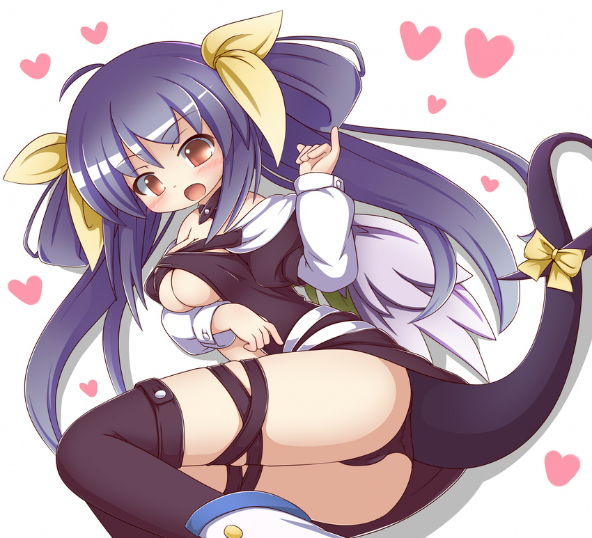 asymmetrical_wings blue_hair blush bow breasts dizzy guilty_gear hair_bow heart large_breasts open_mouth red_eyes ribbon solo tail tail_ribbon thighhighs torichiyo twintails wings
