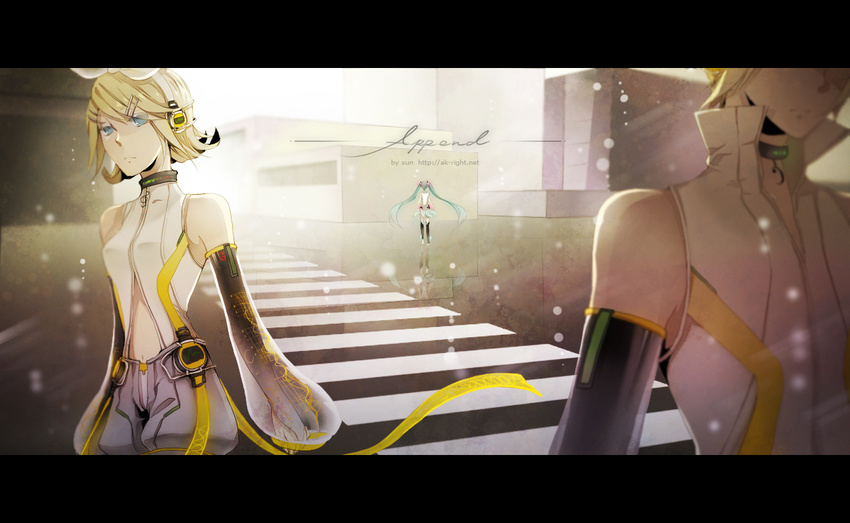 2girls akright aqua_hair arm_warmers blonde_hair blue_eyes detached_sleeves hair_ornament hair_ribbon hairclip hatsune_miku hatsune_miku_(append) headphones kagamine_len kagamine_len_(append) kagamine_rin kagamine_rin_(append) letterboxed long_hair multiple_girls navel ribbon short_hair shorts very_long_hair vocaloid vocaloid_append