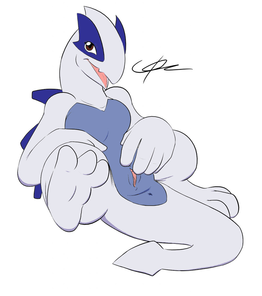 anthro anus brown_eyes c0nnerc00n clitoris female hindpaw legendary_pok&#233;mon lugia lying nintendo nude on_back paws plain_background plump_labia pok&#233;mon pok&eacute;mon pussy solo spread_legs spreading video_games white_background