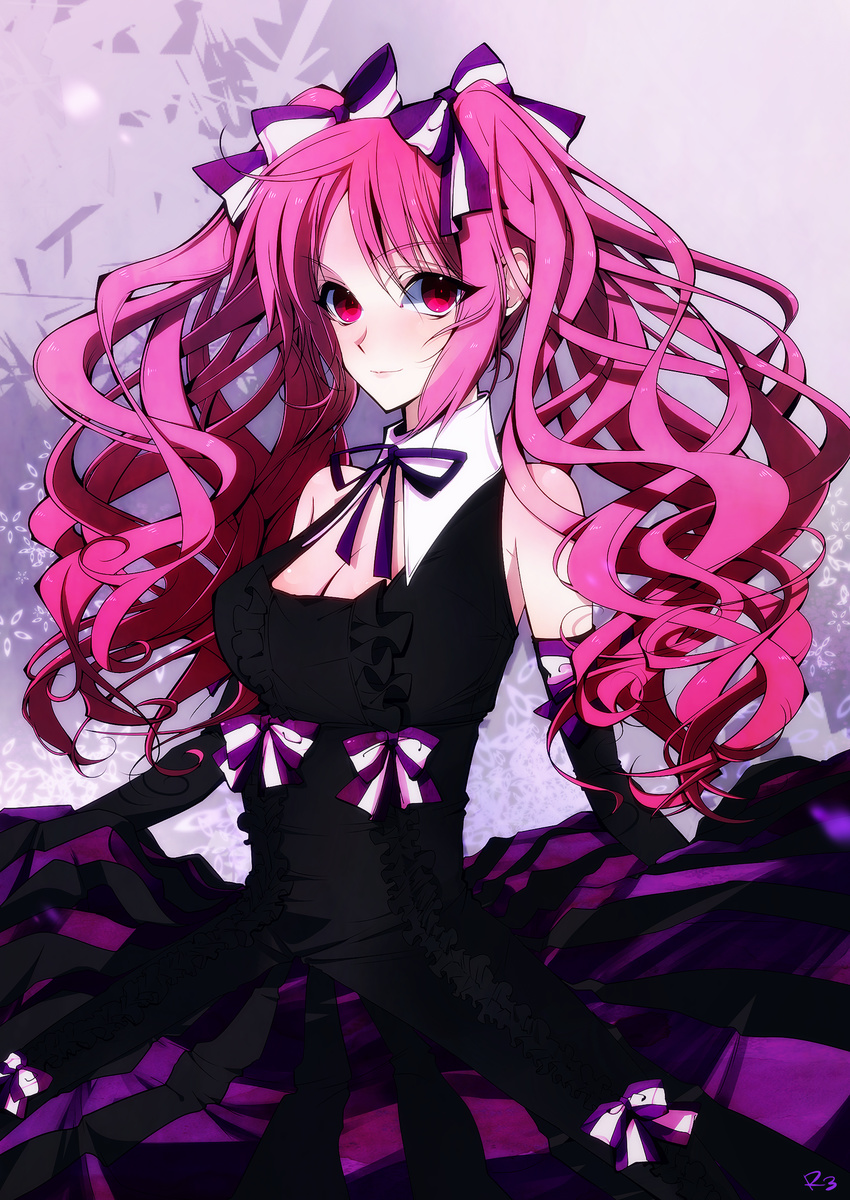 bad_id bad_pixiv_id bow breasts cleavage cougar dress elbow_gloves gloves gothic_lolita hair_bow highres large_breasts lolita_fashion long_hair pink_hair red_eyes shiki shimizu_megumi solo twintails