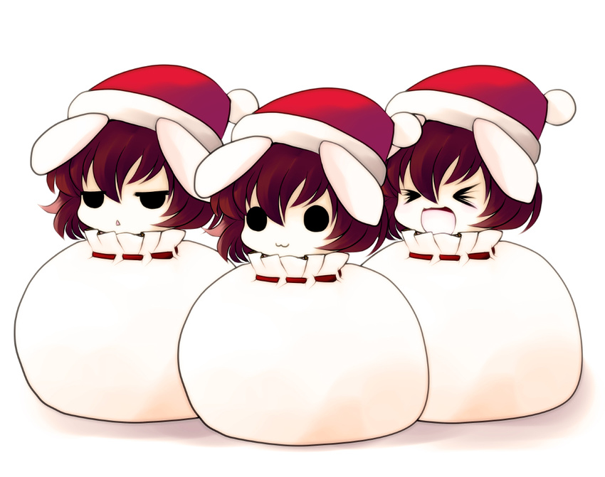 &gt;_&lt; :&lt; :3 animal_ears brown_hair bunny_ears chestnut_mouth chibi clone closed_eyes fur_trim hat in_container in_sack inaba_tewi multiple_girls multiple_persona sack santa_hat solid_circle_eyes touhou x3 yume_shokunin