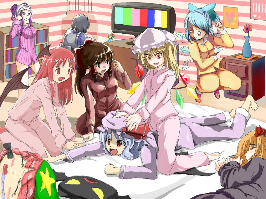 &gt;:) :&gt; :d alternate_costume bad_id bad_pixiv_id barefoot bat bat_wings bed blonde_hair blue_hair blush blush_stickers bookshelf bottomless bow breasts brown_eyes brown_hair character_doll cirno collaboration daiyousei doll drooling fang fangs flandre_scarlet flower frill_takusiage gloom_(expression) hair_bow hakurei_reimu hamu_(masanari) hand_on_headwear hat head_wings heart highres hong_meiling izayoi_sakuya k373oina koakuma long_hair medium_breasts multiple_girls no_hat no_headwear no_pants o_o oekaki open_mouth pajamas palta patchouli_knowledge pillow purple_eyes purple_hair red_eyes red_hair remilia_scarlet rumia saliva short_hair side_ponytail silver_hair sitting sitting_on_person sleeping sleepover smile star television the_embodiment_of_scarlet_devil touhou v-shaped_eyebrows vase wings yellow_eyes yuni_(manyutin)