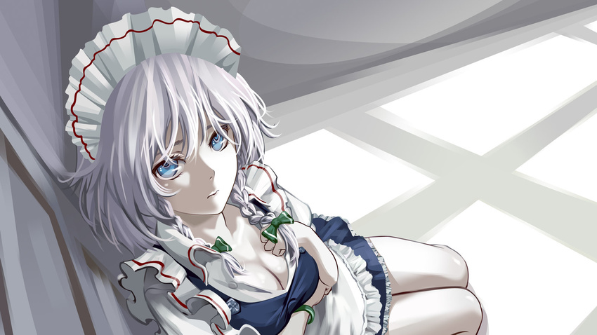 as109 bad_perspective blue_eyes braid breasts cleavage highres izayoi_sakuya maid maid_headdress medium_breasts sad short_hair silver_hair solo third-party_edit third-party_source touhou twin_braids wallpaper