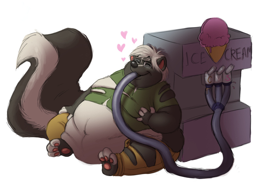 &hearts; boombox boombox_(artist) eyes_closed eyewear fat glasses hair ice_cream mammal morbidly_obese obese overweight paws plain_background shirt_hair skunk smile stuffing white_background white_hair