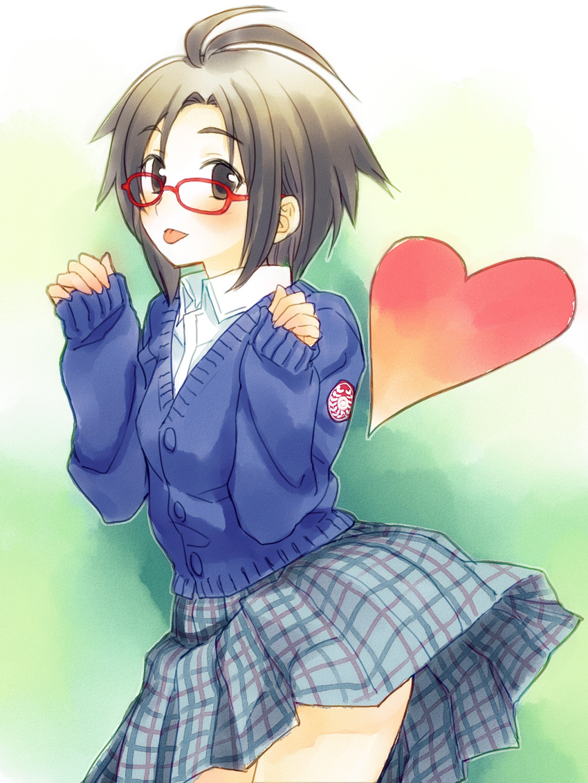 :p black_eyes black_hair cardigan glasses heart highres idolmaster idolmaster_(classic) idolmaster_2 kikuchi_makoto plaid plaid_skirt red-framed_eyewear school_uniform short_hair skirt sleeves_past_wrists solo sweater_vest tongue tongue_out wind wind_lift yuuki_keisuke